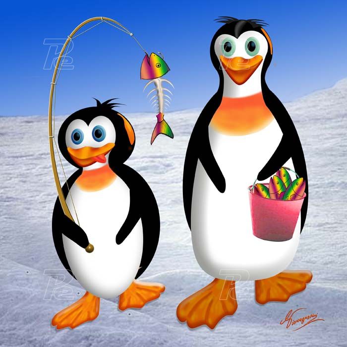 Pinguini padre e figlio a pesca